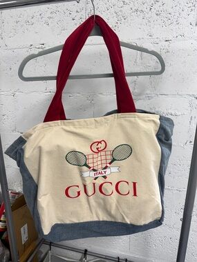 Gucci Upcycled Canvas Tote Red Straps Green Tennis Graphic - Denim Pockets